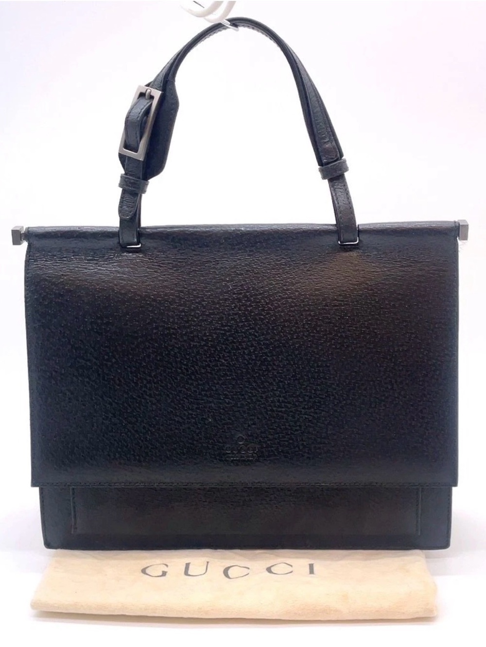 Auth Gucci Pigskin Leather Black Flap Handbag W/Dustbag